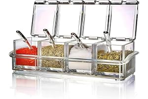 EOREA 4-Piece Condiment Containers with Lids, Spices Box and Seasonings sets for Salt, Sugar,Pepper-Sugar Container with Spoons Lids Ideal for Countertop Seasoning Organizer, Topping Containers