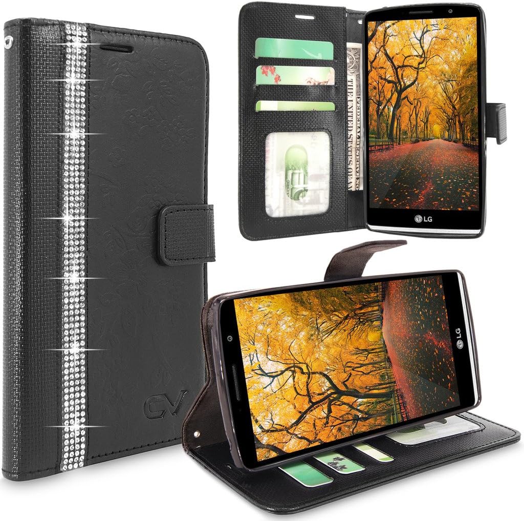 LG G Stylo Case, LS770 Case, Cellularvilla [Stand Feature] Flower Texture Wallet Case [Diamond Jewel] Premium Pu Leather Flip Cover [Card Slots] For LG G Stylo / LG G Stylus LS770 (Black Bling)