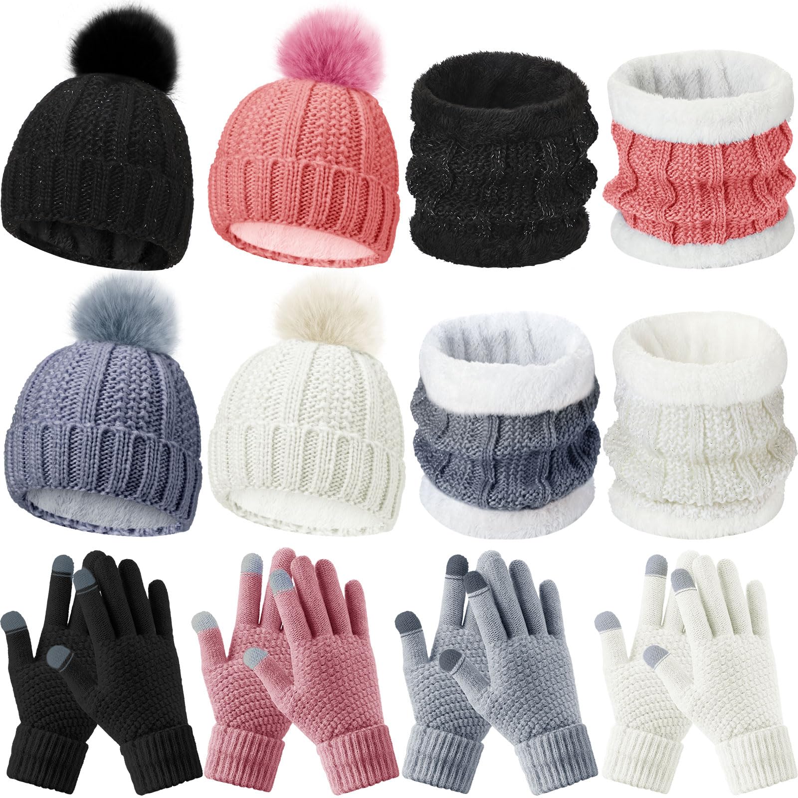 Photo 1 of 12 Pcs Winter Beanie Hat Scarf Touchscreen Gloves Set Fleece Lined Knit Beanie Hat Neck Warmer Scarf for Men Women (Black, White, Pink, Gray)