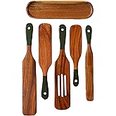 6Pcs Spurtle with Spoon Rest, Wood Spatula Olive Green, Wooden Utensils for Cooking, Wood Spatula, Wooden Kitchen Utensil Set, Spurtles Kitchen Tools