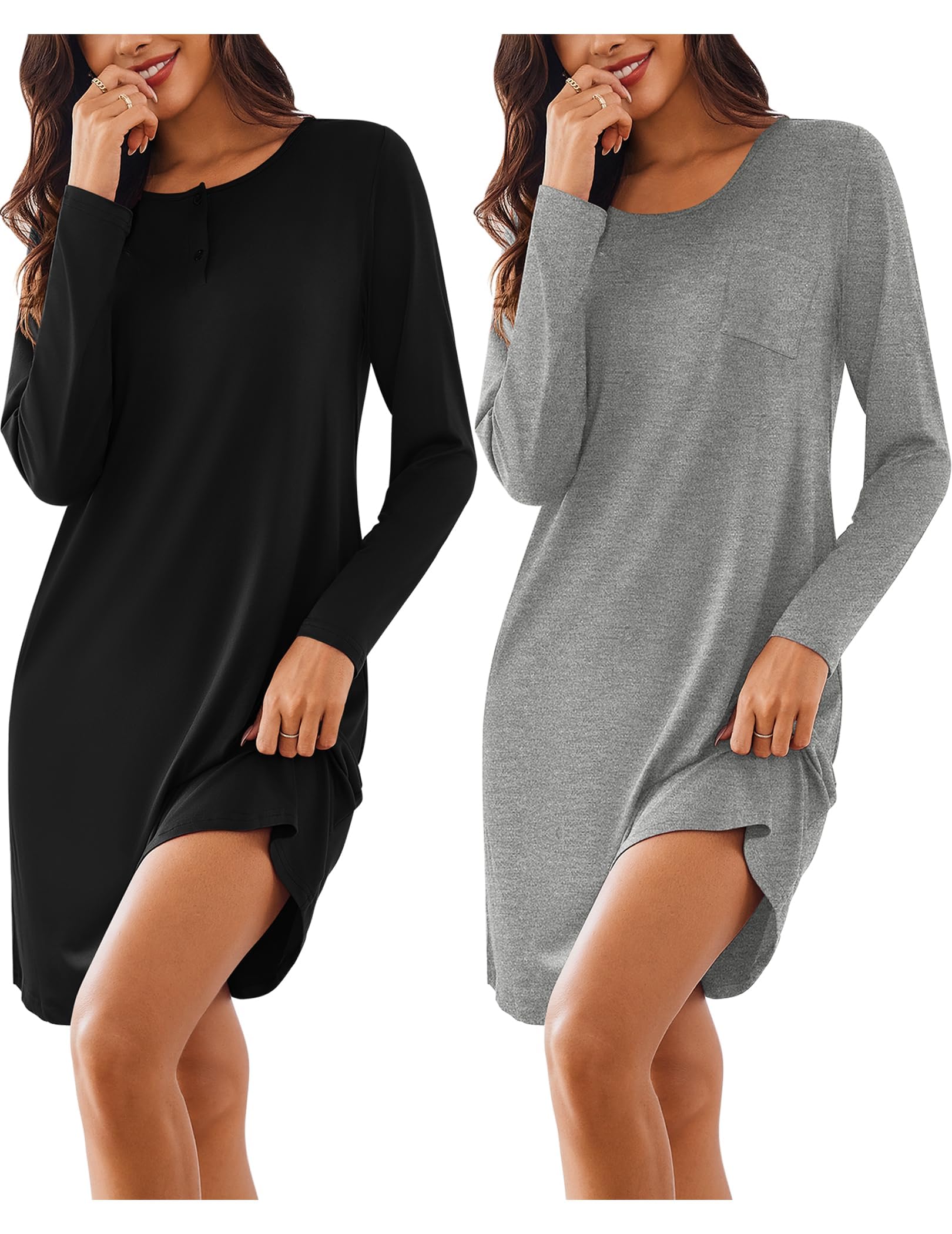 Photo 1 of Ekouaer Women's Sleepshirts Long Sleeve Nightshirt Round Neck Sleepwear Pajama Dress 2 Pack Button Down Nightgown Black,grey