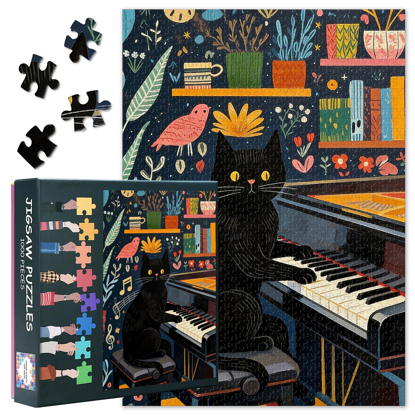 Puzzles for Adults 1000 Pieces, Jigsaw Puzzles for Adults - Whimsical Scene of a Black Cat Playing Piano in Cozy Living Room, Cool and Challenging Adult Puzzle(27.5x19.7 Inches)