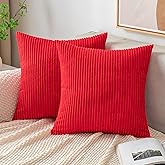 EMEMA Christmas Throw Pillow Covers Corduroy Decorative Soft Striped Square Cushion Covers Spring Pillowcases for Couch Sofa Bedroom Chair Car 16x16 Inch Pack of 2, Red