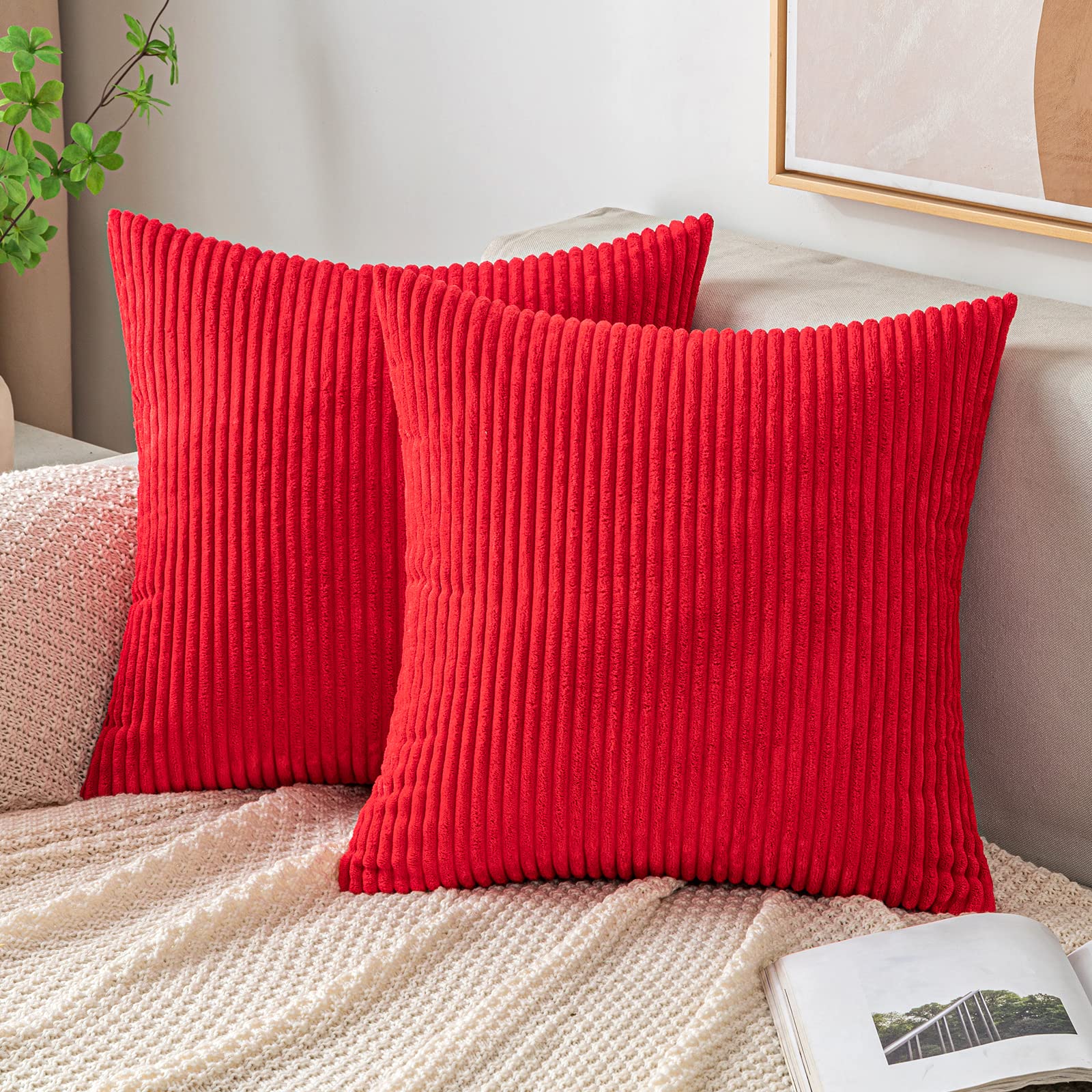 EMEMA Cushion Covers Corduroy Square Throw Pillow Covers Striped Soft Sham Home for Sofa Couch Bedroom Decorative Pillowcases 20x20 Inch 50x50cm Set of 2 Red