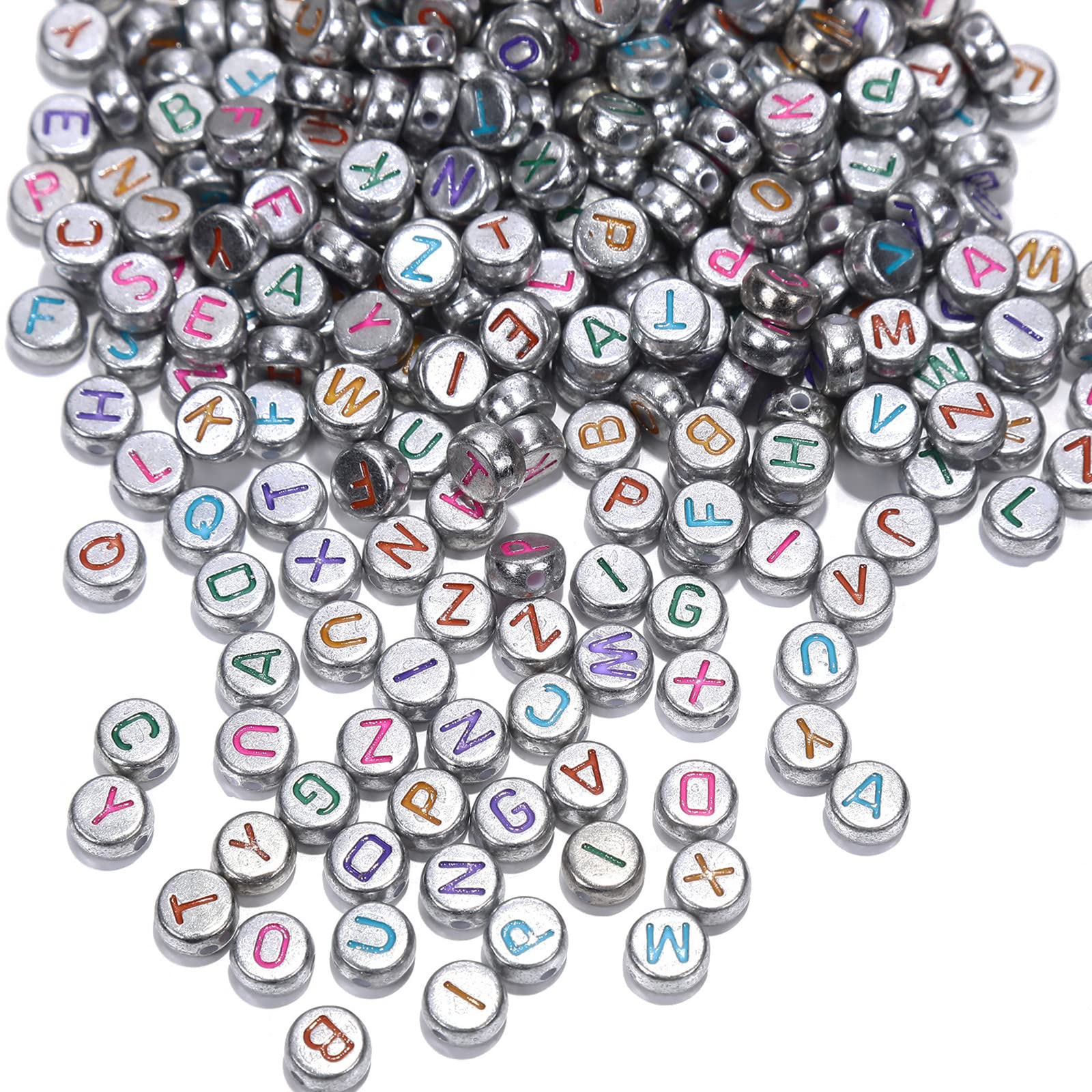200pcs Silver Plated Acrylic Flat Round Alphabet Letter Beads 7mm Pony Disc Coin with Multicolor Enamel A-Z Letter Loose Spacer Beads for DIY Jewelry Making — image 1