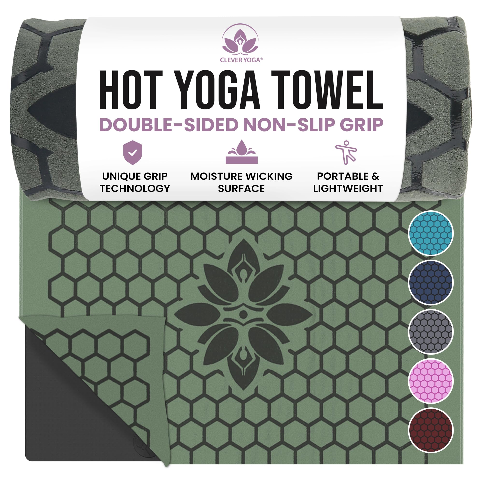 Clever Yoga Hot Yoga Mat Towel – Non-Slip Grip for Hot Yoga, Sweat Absorbent, Honeycomb Silicone Grip, Stays Flat – Ideal for Pilates, Travel, Washable & Lightweight - Olive Image