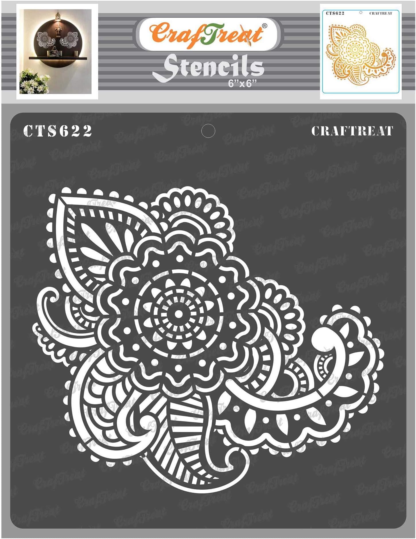 CrafTreatReusable Floral Henna Stencils for Painting on Wood, Wall, Furniture and Tile-Hennah- 6x6 Inch -Large Wall Stencils for Painting- Background Stencils for Card Making-Henna Tattoo Templates