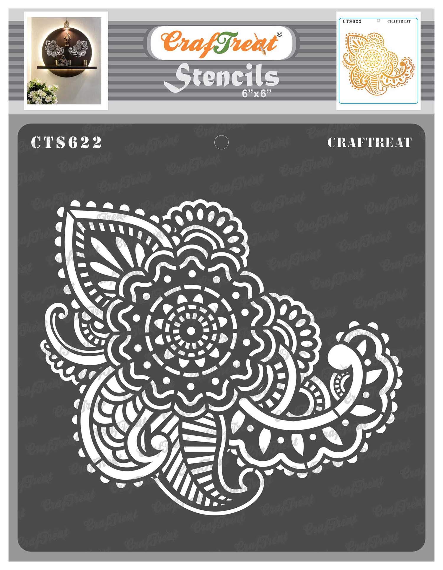 CrafTreatReusable Floral Henna Stencils for Painting on Wood, Wall, Furniture and Tile-Hennah- 6x6 Inch -Large Wall Stencils for Painting- Background Stencils for Card Making-Henna Tattoo Templates
