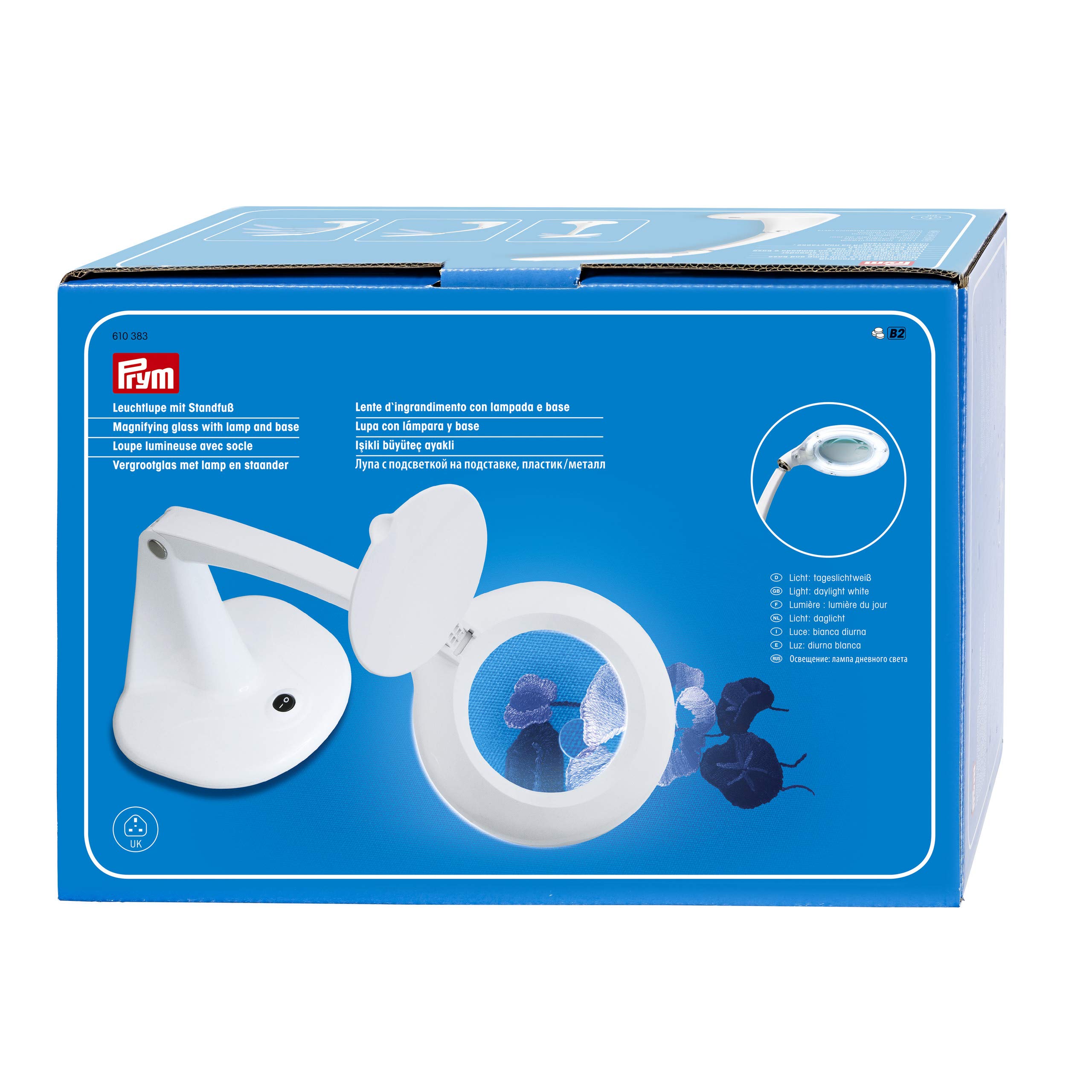 Prym Magnifying Glass with lamp + Base UK Plug, White, One Size