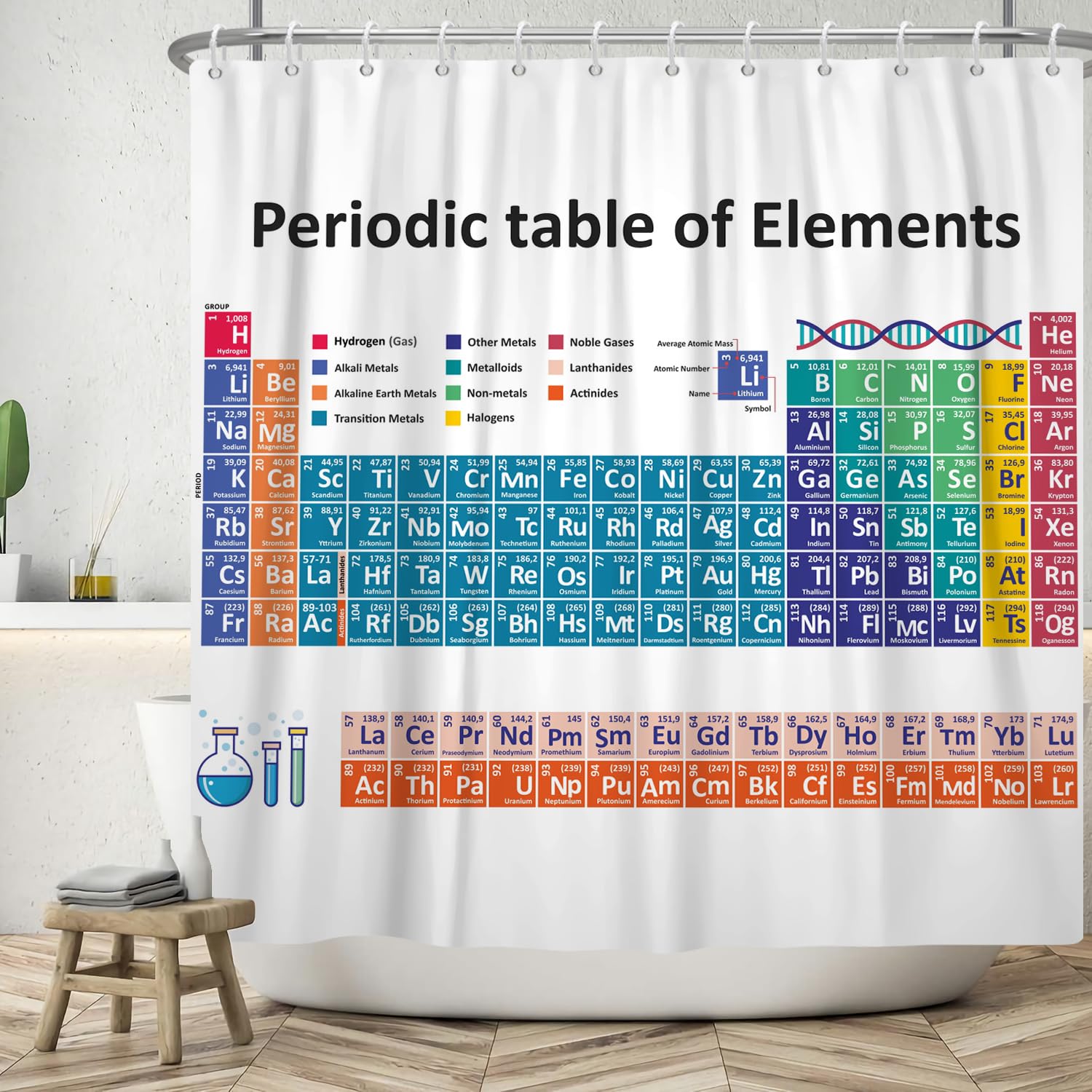 ASDCXZ Periodic Table Shower Curtain 180x200 cm, Bathroom Washable Shower Curtains, Modern Simplicity Colorful Periodic Table White Polyester Textile Waterproof Bath Curtain for Bathtub with 12 Hooks