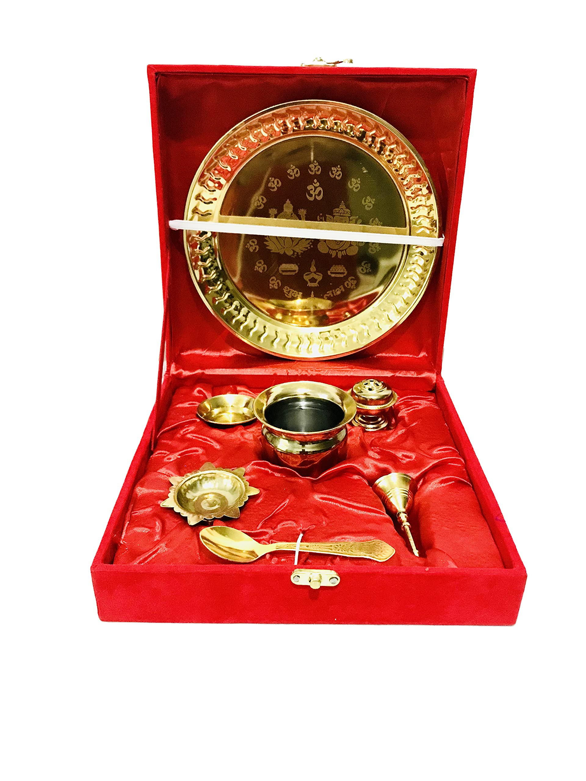 Gavya International Gold Plated Diwali Pooja thali Set Ladoo gopal bhog plate/raksha bandhan/Navaratri/navratri Plate Gift Puja for Aarti janmashtami With Red Velvet Box - 8.5 inch