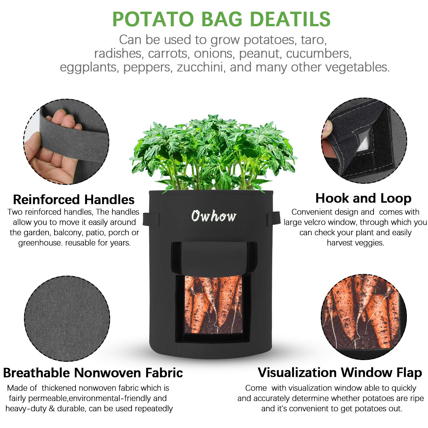 Owhow Potato Grow Bags 2-Pack 10 Gallon Plant Grow Bags Heavy Duty Aeration Fabric Pots Thickened Nonwoven, Garden Tomato Planter with Handles Flap for Veggies Flower Planter Bag-Black
