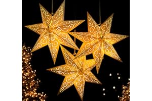 HOUISM HOUÍSM 3Pack Star Shape Paper Lantern Hanging Hollow-Out Star Lampshade White 7-Pointed Star Light Lantern with 3*Fairy Light Strings for Christmas Holiday Nordic Winter Wedding Home Decor.