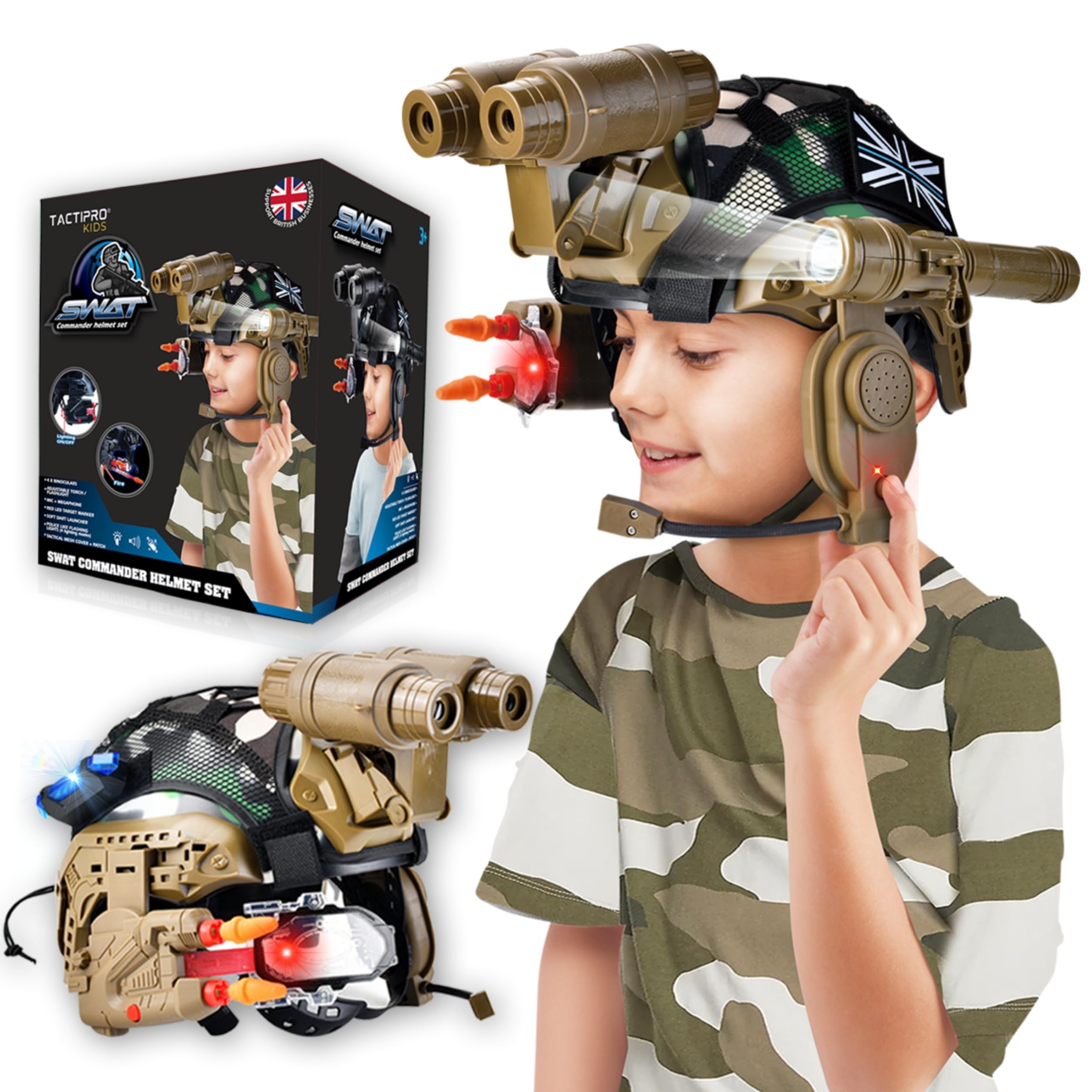 Tactipro Police kids toy soldier Army SWAT Helmet Commander Set. Includes Removable Accessories Torch, megaphone led scope, dart toy gun & 4X Binoculars, for hours of fun