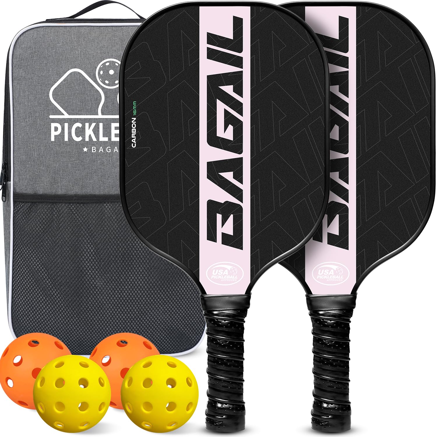 BAGAIL Pickleball Paddles, USAPA Carbon Fiber Pickleball Sets, Lightweight Pickle Ball Rackets, Graphite Textured Surface, 16mm Honeycomb Core for Ultimate Spin and Control, Include 4 Balls and 1 Bag