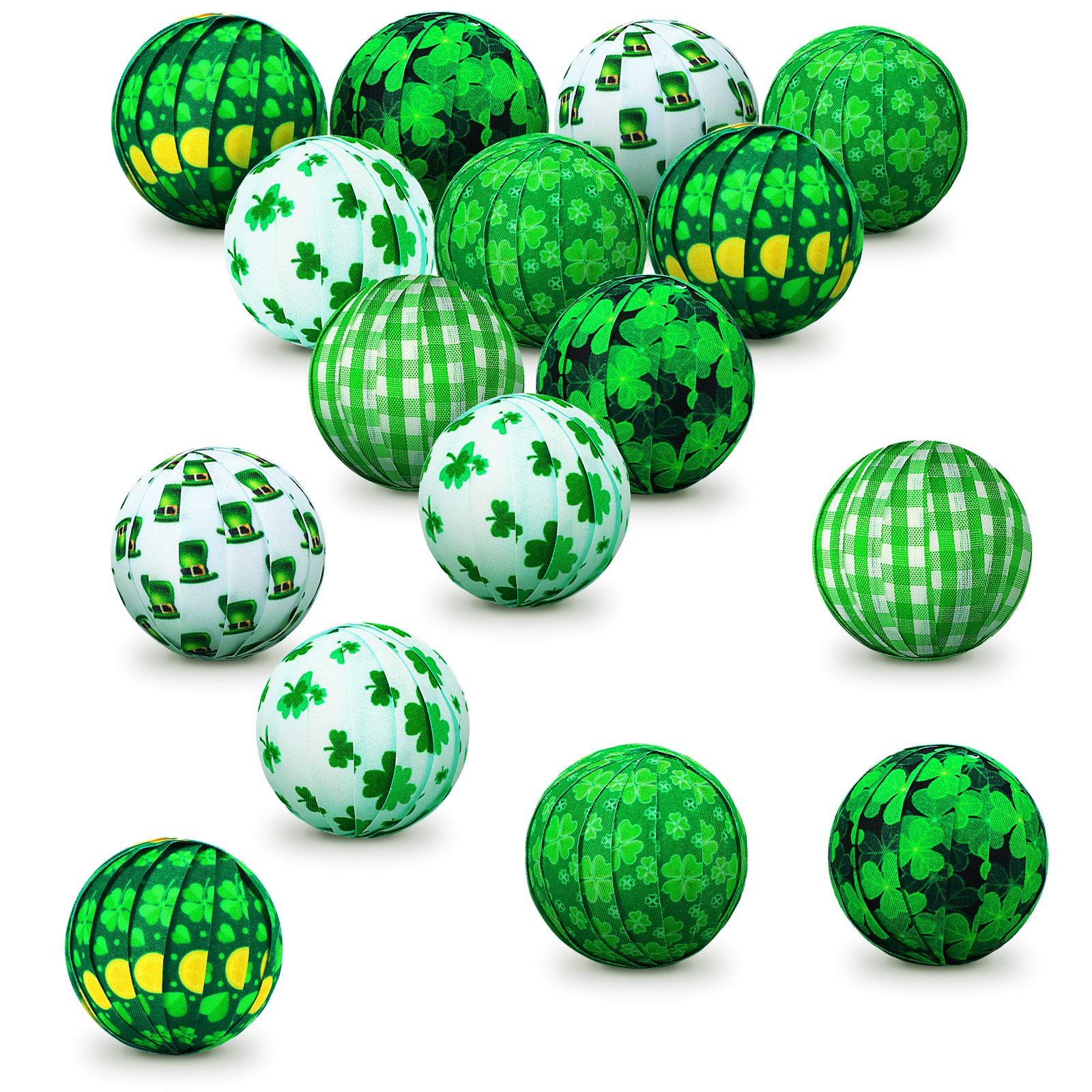 Photo 1 of 12 Pieces St Patrick's Day Shamrocks Wrapped Balls Shamrock Fabric Bowl Filler Irish Clover Fabric Wrapped Balls for Saint Patrick's Day Decoration Table Shelf Home Party Supply, 2 Inch Diameter
