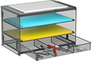 Samstar Paper Letter Tray, 3 Tier Desk Document File Organizer Paper Sorter Letter Shelf Rack with 1 Extra Sliding Drawer, Mesh Made, Black