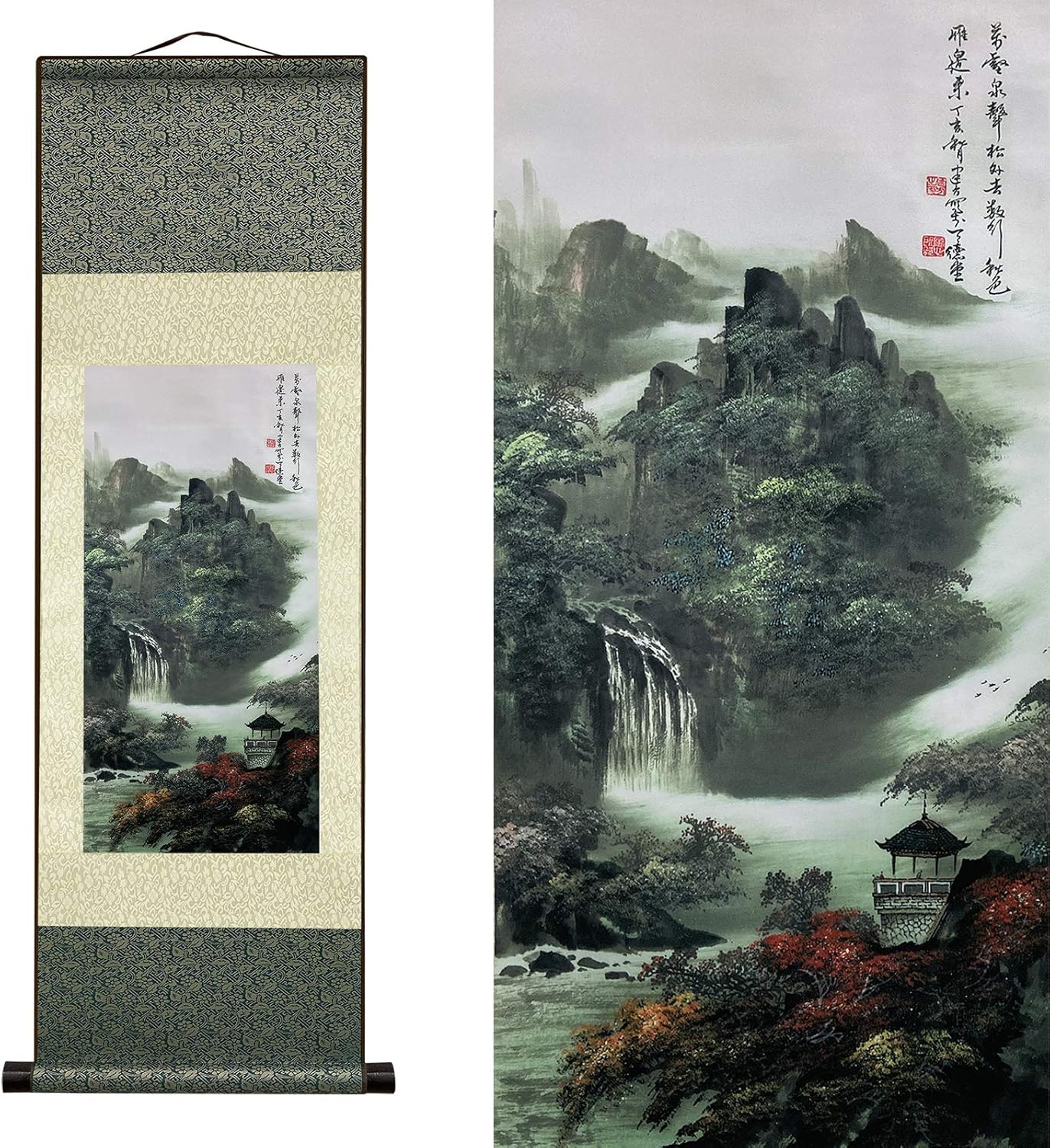Wall Décor - AtfArt Asian Wall Decor Beautiful Silk Scroll Painting Waterfall River Landscape Painting - Mountain Spring Autumn Color Oriental Decor Chinese Art Wall Scroll Hanging Painting Scroll (39 x 12 in)