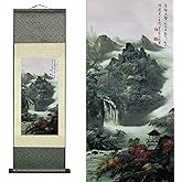 AtfArt Silk Scroll Painting, Asian Wall Art, Waterfall Landscape, 36.2x12in | Mountain Spring Autumn Colors, Oriental Decor, Wall Hanging for Home &amp; Office