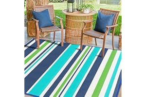 KALAFUN Outdoor Patio Rug Waterproof Camping - Outdoor Rugs Carpet, Plastic Straw Area Rug for Patios Clearance RV, Outside Porch Rug Balcony RV Rug Deck Rug for Camper, Blue and Green 4x6 ft