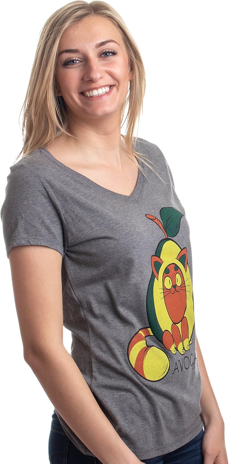 Avogato | Funny Cute Avocado Cat Joke Arigato Graphic V-Neck T-Shirt for Women: Clothing