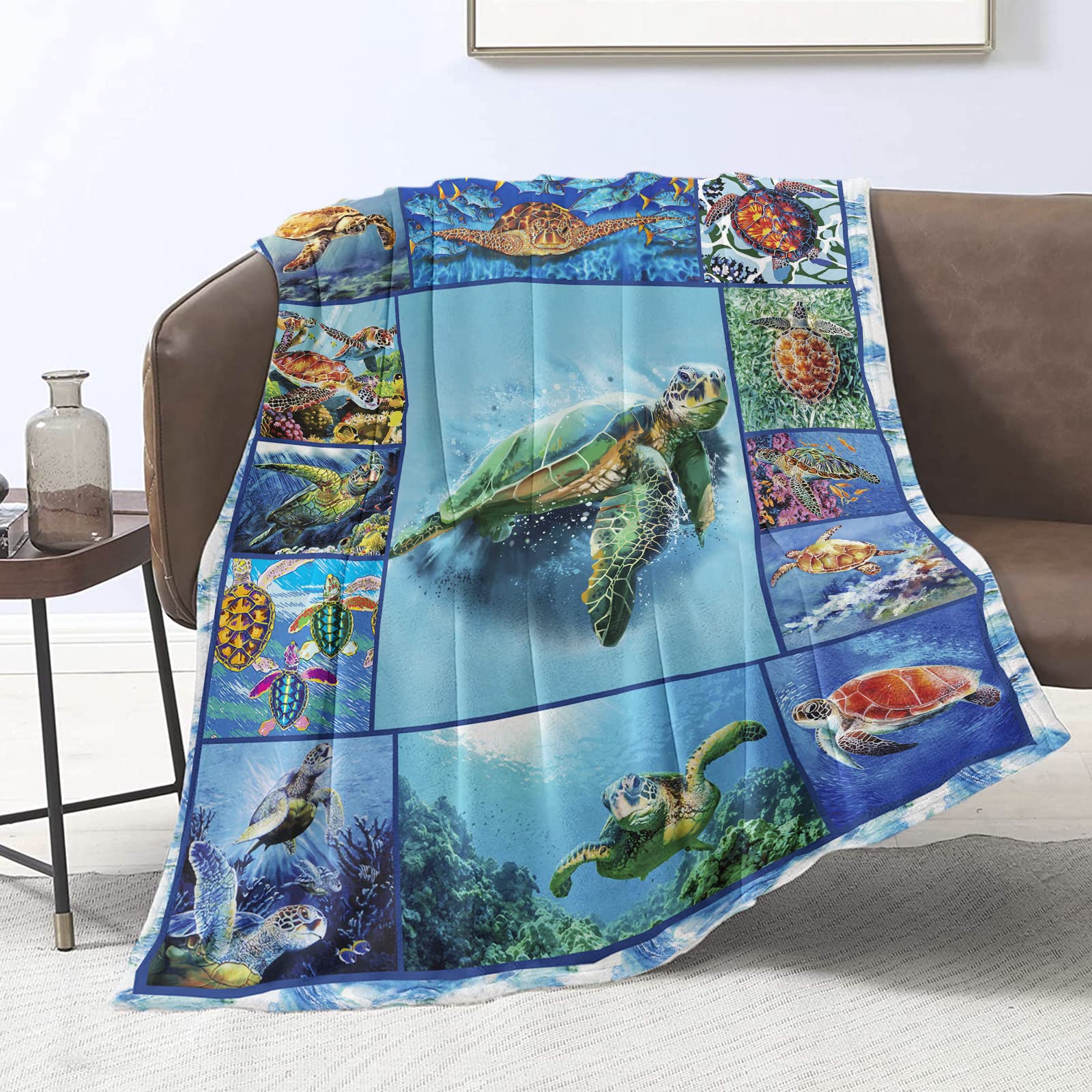 Domgoge Sea Turtle Throw Blanket Turtle Blankets and Throws Turtle Lovers Ocean Animals Coastal Throw Blanket Teen Adult Soft Lightweight Flannel Gifts Blanket Couch Sofa, 101cm x 127cm, Blue Turtle