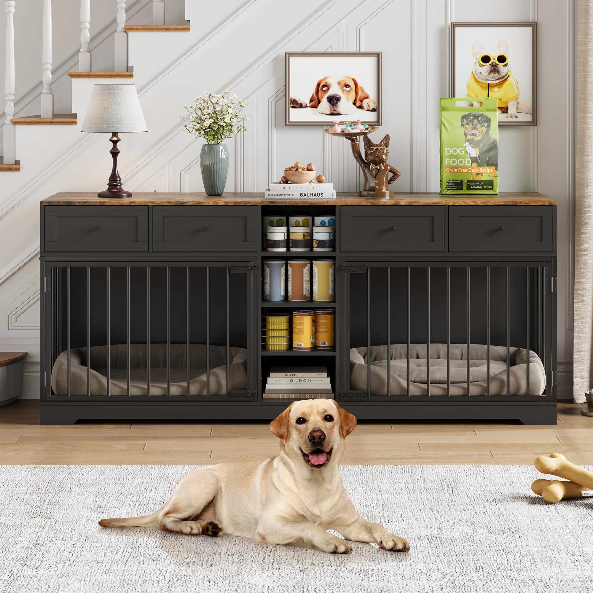 Photo 1 of ***MINOR SCRATCHES****GarveeHome 82" Double Dog Crate Furniture, Large Dog Kennel Indoor for 2 Dogs, Heavy Duty Wooden Dog Crate TV Stand with 4 Drawers and Shelves, Black