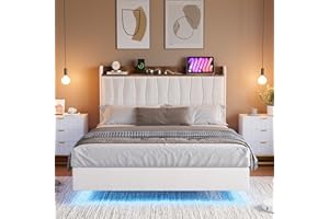 Garvee King Size Floating Bed Frame with Upholstered Storage Headboard, King Platform Bed Frame with Charging Station & LED L