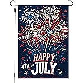 Happy 4th of July Garden Flag 12x18 Double Sided, Burlap Fireworks Independence Day Garden Flag Fourth of July Outdoor Decorations, Small Decorative Patriotic Yard Flags for Outside Lawn Porch Decor