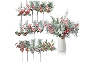 Solsew 16 Pcs Christmas Pine Cones Picks Artificial Berries Sprays Branches Faux Greenery Floral Stems Snowy Holly Pine Needles for Xmas Tree Wreath Garland Craft Decor(Stylish Snowy Style)