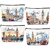 Luvsweets London Travel Souvenirs Gifts - 4Pcs British Travel Must Have Essentials, Watercolor London City Makeup Cosmetic Bags, British Toiletry Zipper Pouch Gifts for Travelers Women Girls Friends