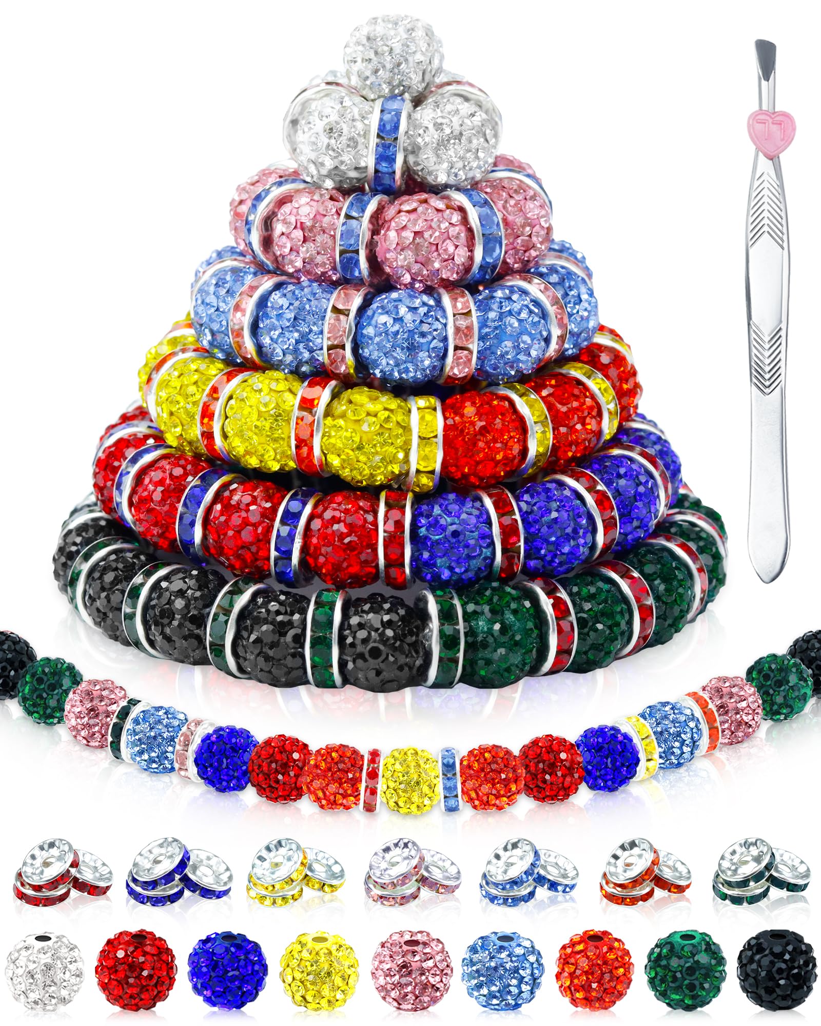 Photo 1 of 180PCS FIVEIZERO 10mm Rhinestone Beads for Jewelry Making – Sparkly Round Crystal Clay Beads & Spacers in 9 Mixed Colors for Bracelets, Necklaces & DIY Crafts