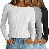 Neer 3 Pack Women's Long Sleeve Cotton Crop Tops Boat Neck Lettuce Trim Ribbed Shirts Slim Fit Casual Basic Tees(Black, Light Gray, White,Medium)
