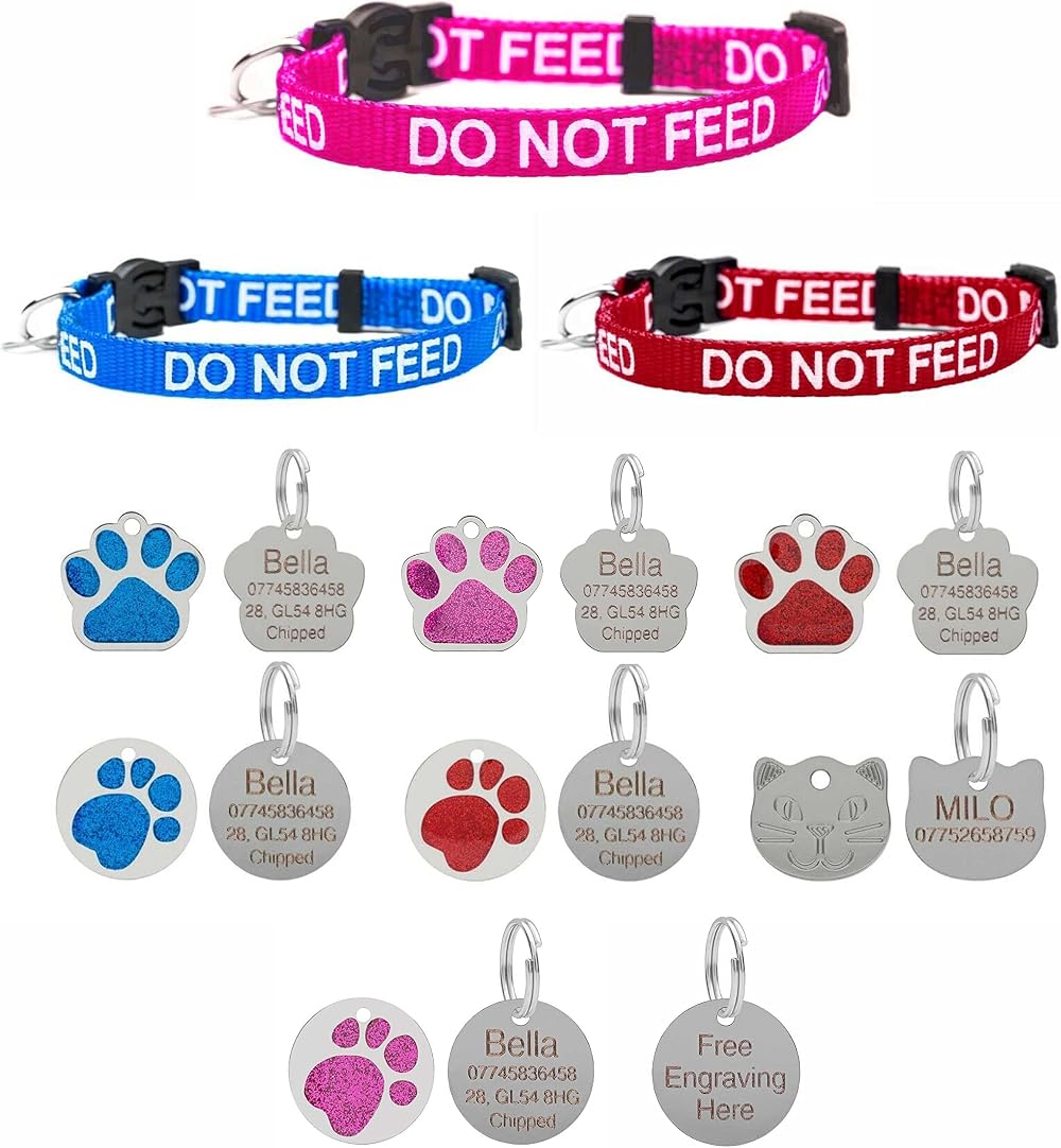LARRYROO Cat Collar DO NOT Feed Red Pink Blue Safety Release Engraved ID Tag