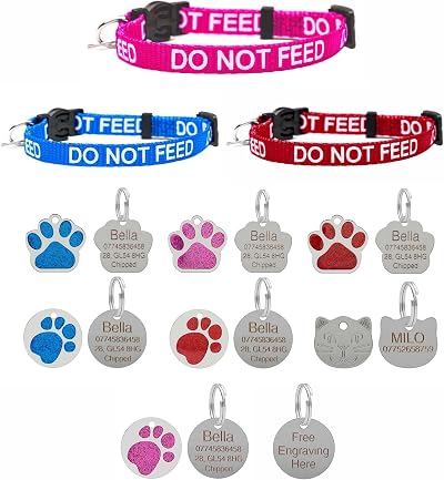 LARRYROO Cat Collar DO NOT Feed Red Pink Blue Safety Release Engraved ID Tag
