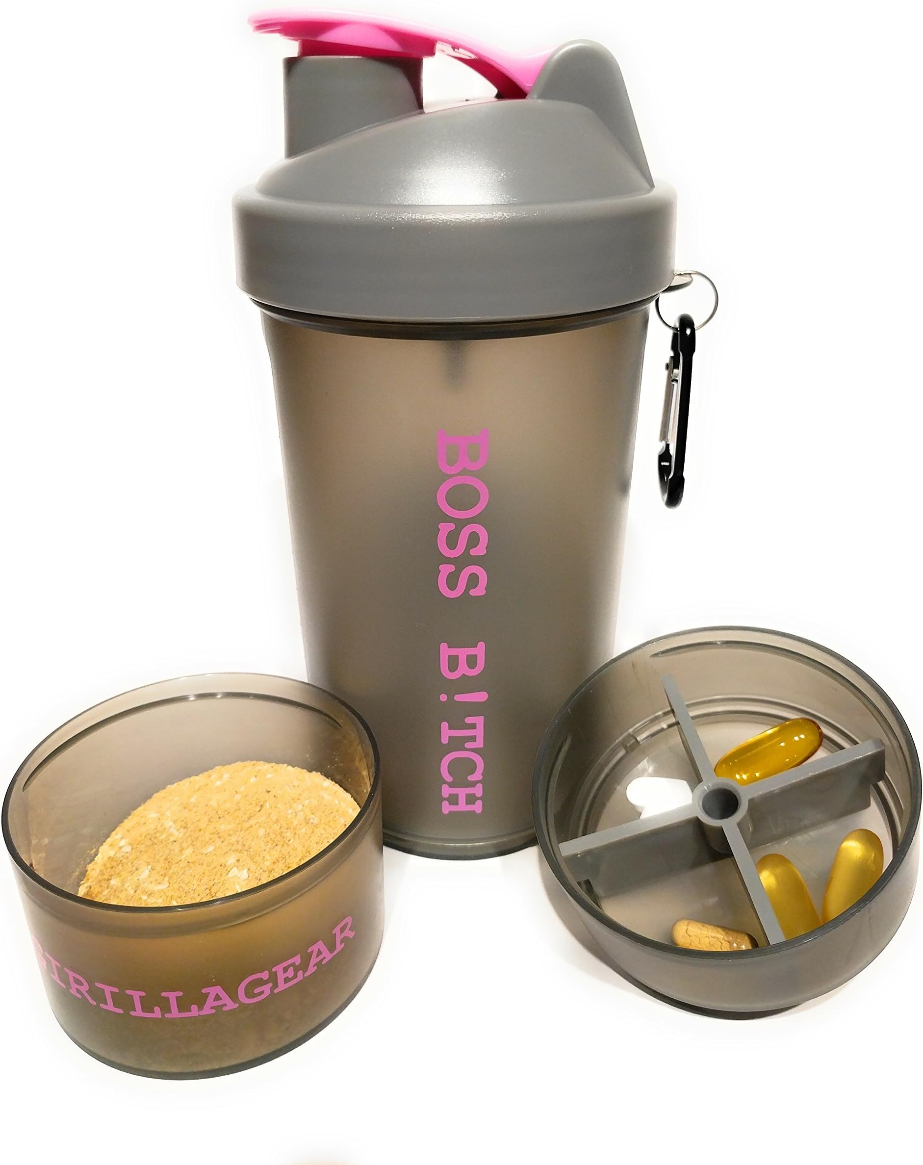 BOSS B!TCH Shaker Cup, Pink and Gray, Pill Storage, Powder Storage, Great Bottle for Mixing Your Protein or just Water