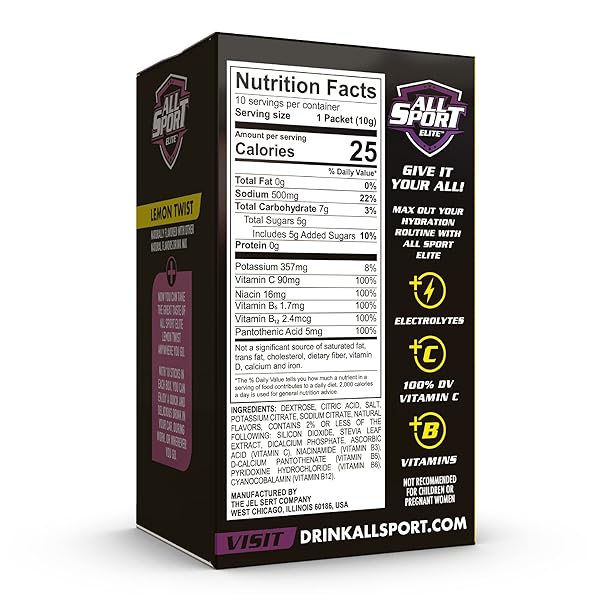 ALL SPORT ELITE – ELECTROLYTE HYDRATION PERFORMANCE – LEMON TWIST – SINGLES TO GO POWDER PACKETS (10 STICKS)