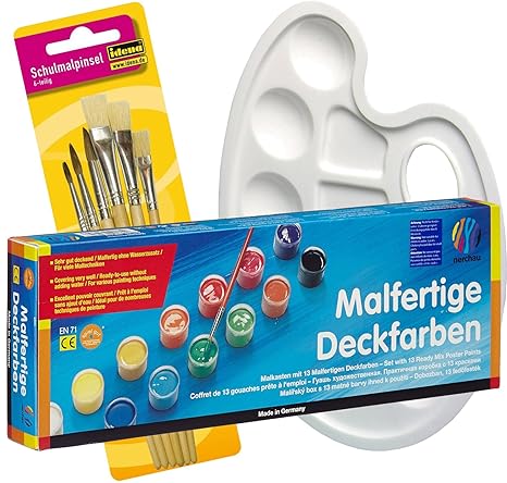 Nerchau Malfertige Deckfarben Sortiment 13 Farben + Mischpalette und Pinsel Set (Malset)