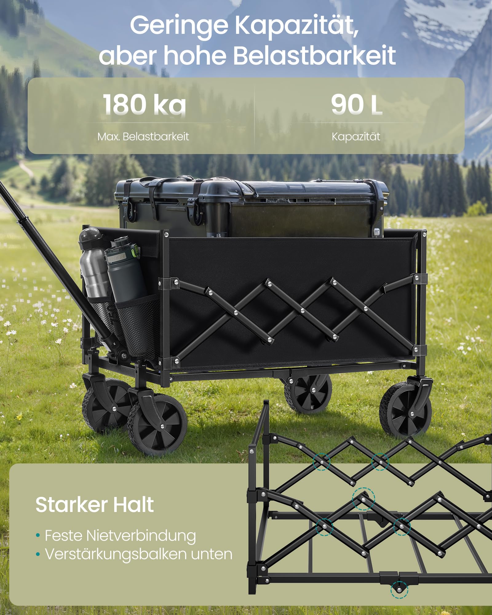 SONGMICS Kleiner Handwagen faltbar, Gartenwagen, kompakt, mit Griff, mit 4 verstärkten Rollen, Davon 2 Universalräder, bis 180 kg belastbar, Outdoor, Garten, 90 L, tintenschwarz GFW909B01 3