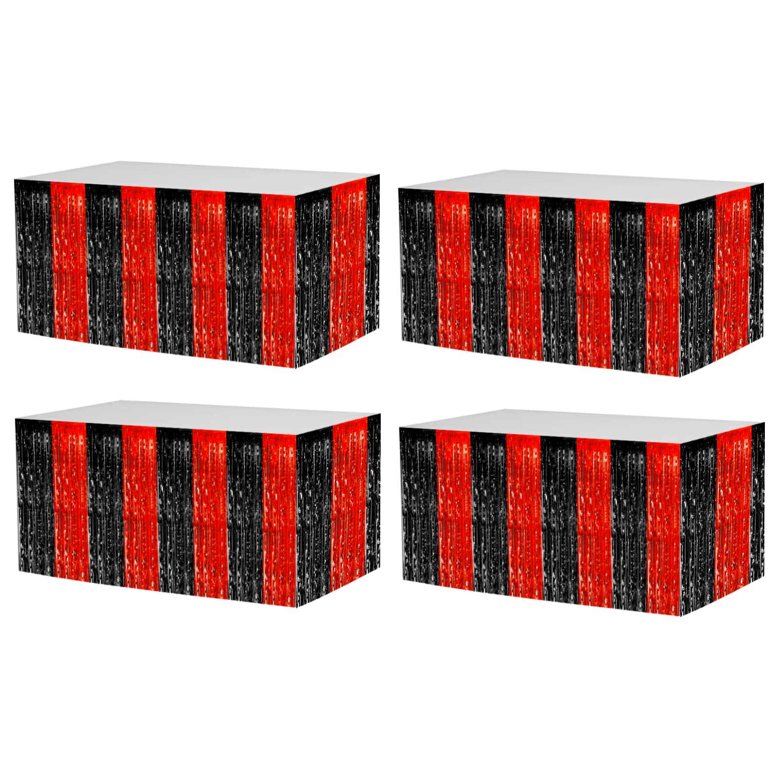 Photo 1 of 4 Pack 29x108 Inch Metallic Foil Fringe Tinsel Table Skirts for Rectangle Tables Streamer Backdrop for Wedding, Birthday, Parade Floats, Christmas, Halloween Party Decoration(Black Red)