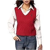 BEAUDRM Women's Embroidery Cable Knit Sweater Vest V Neck Knitted Casual Sleeveless Sweater Pullover Top