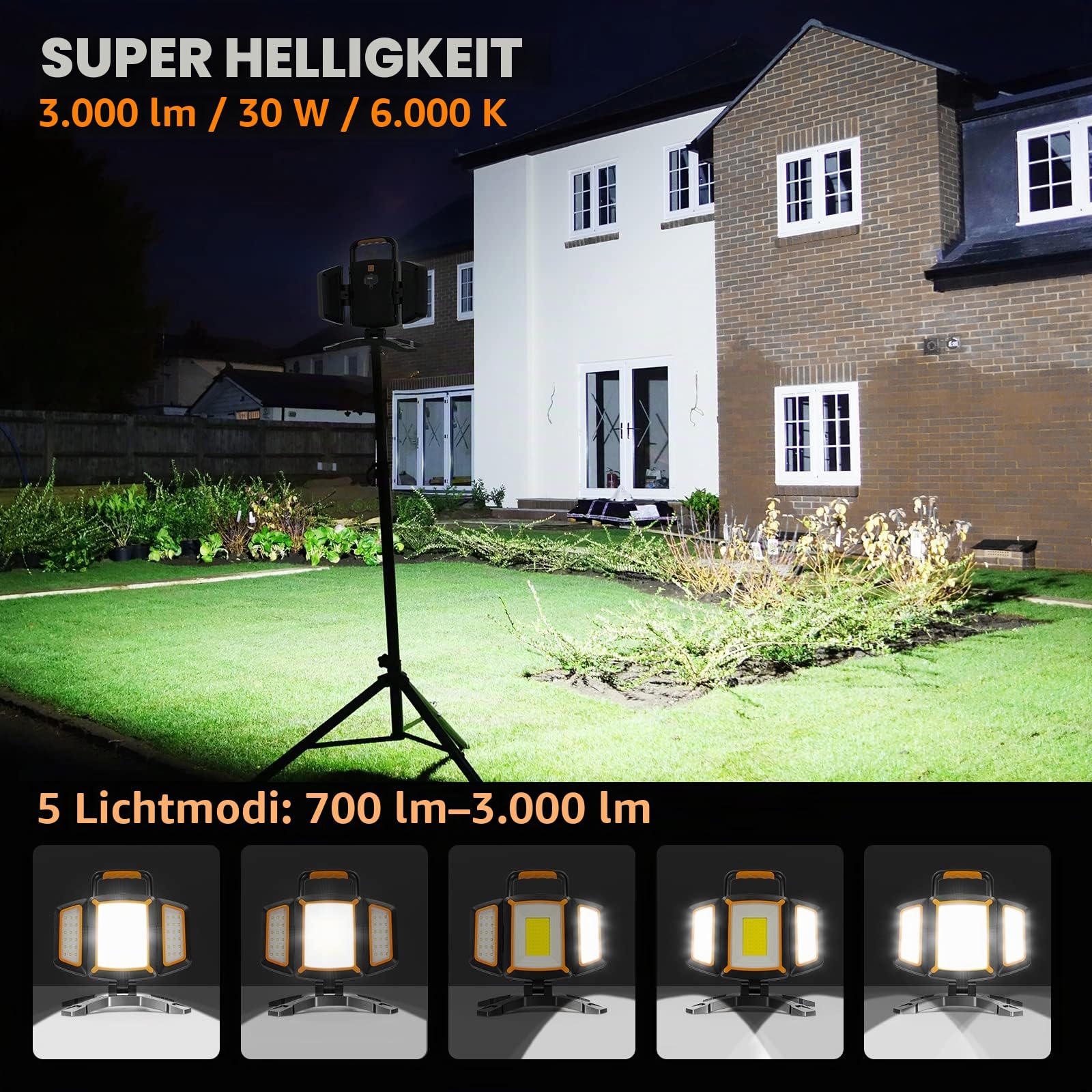 SYLSTAR LED Strahler Akku 30W, 3000LM Super Hell Baustrahler mit Magnet, 5 Lichtmodi und Powerbank, Drehbare Tragbare Wasserdichte Wiederaufladbare Arbeitsleuchte für Garage, Werkstatt 3