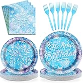 Grencian 96 Pcs Frozen Party Supplies Disposable Winter Snowflake Frozen Plates and Napkins Fork Tableware Set Frozen Birthday Party Decorations for Christmas Winter Onderland Decorations Serves 24