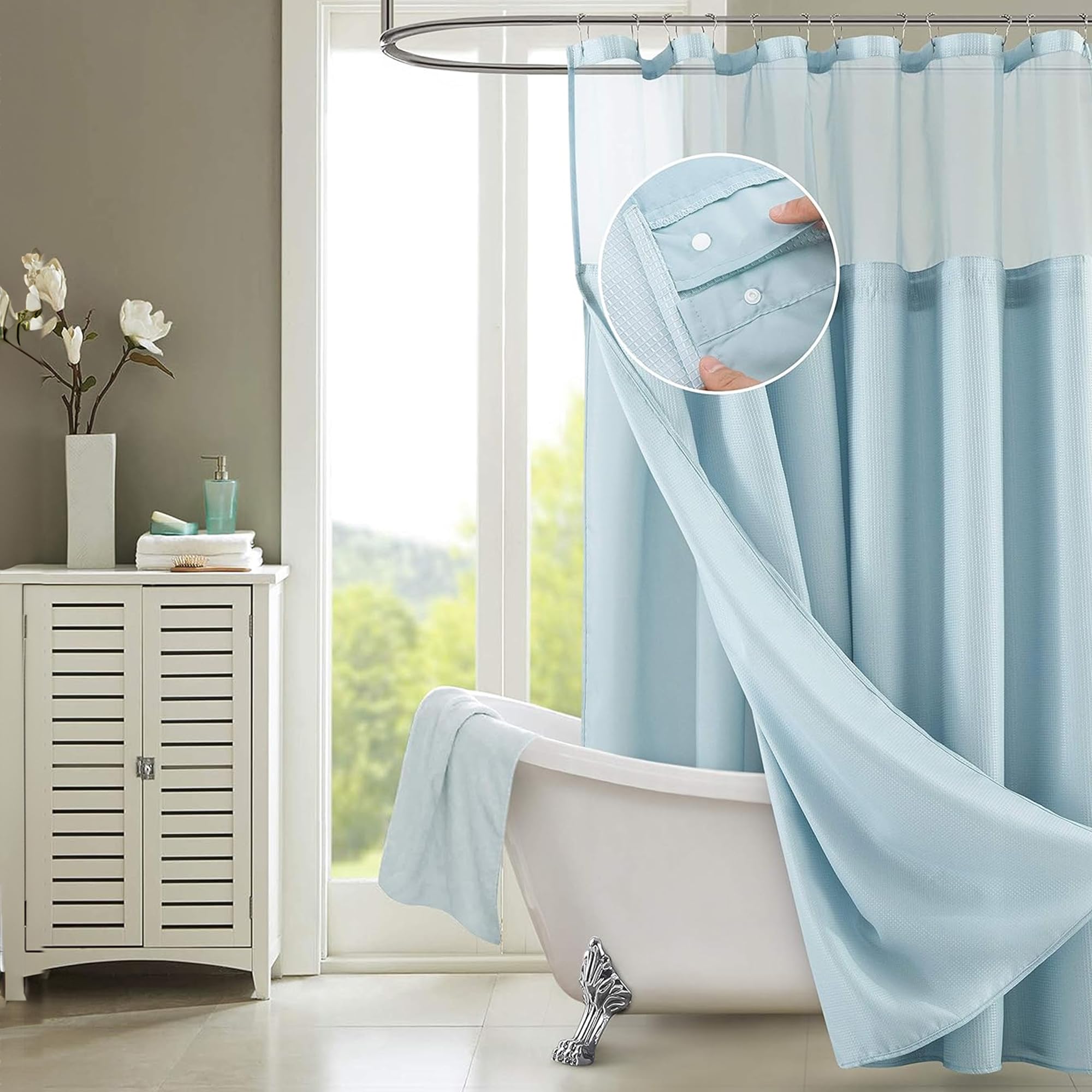 Dainty Home Waffle Weave Shower Curtain Set with Snap-in Liner in Sky Blue 70" x 72" – Modern Luxury Shower Curtain with Mesh Top Window – Best Shower Curtain and Liner for Stylish Homes