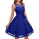 Dressystar Women's Floral Lace Short Bridesmaid Dress with Sheer Neckline Sleeveless Wedding Guest Formal Cocktail Dresses Royal Blue XXXL