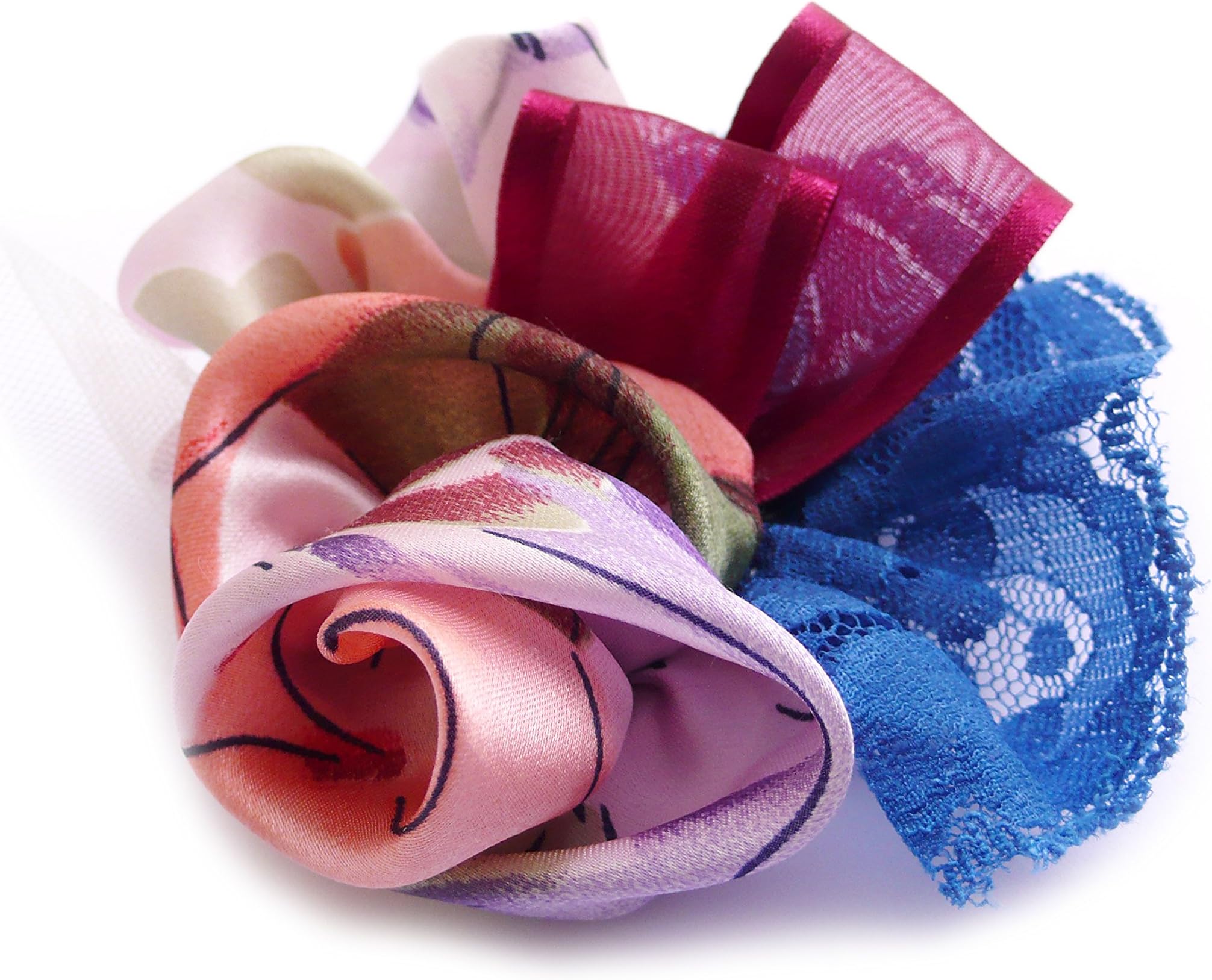 Flower Brooch: silk satin, lace, tulle, organza ribbon.