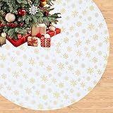White Christmas Tree Skirt Gold Snowy Tree Skirt 58 Inch Diameter Faux Fur Large Tree Mats Plush Skirt for Christmas Tree Dec
