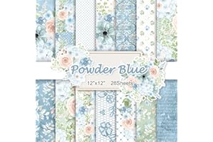 NASZONUS 28 Sheets Scrapbook Paper, 12"X12" Inch Floral Scrapbook Paper 160gsm Cardmaking Craft Paper Pack Decorative Paper for Card Making (Powder Blue Flowers)