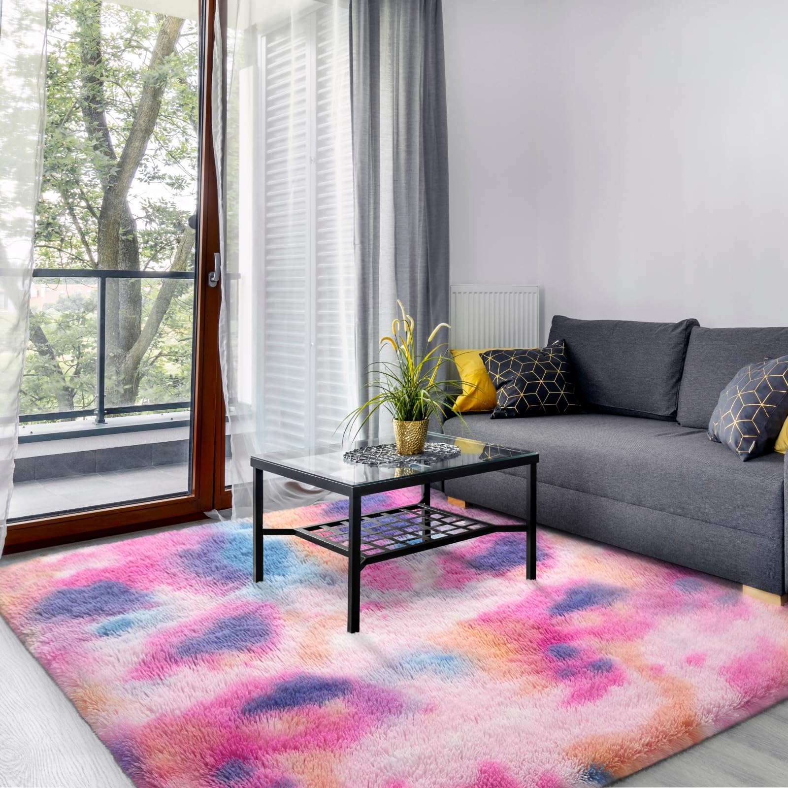 SOANNY Living Room Area Rug, Large Soft Lounge Carpet for Bedroom, Dorm, Luxury Tie-Dyed Shag Rug for Home Decor, Pink Rainbow, 180x270 cm