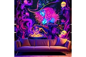 BSFHH Halloween Black Light Tapestry – UV Reactive Glow in the Dark Wall Hanging, Spooky Night Scene with Ghosts & Pumpkins, Haunting Home Decor for Parties, Bedroom, or Dorm (Witches, 79L" x 59W", Unframed)